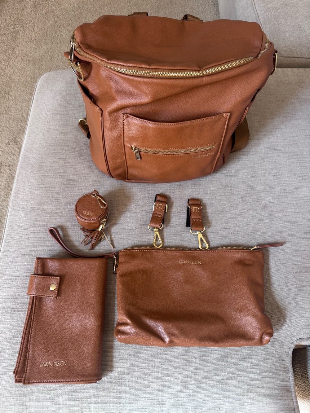 Fawn Design Cognac Brown Convertible Backpack Tote with Pouch Set